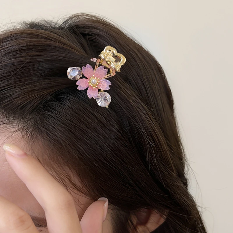 High-end Rhinestone Cherry Blossom Small Shark Clip Broken Hair Bangs Grabber Female Hair Clip Side Hairpin Hair Accessory