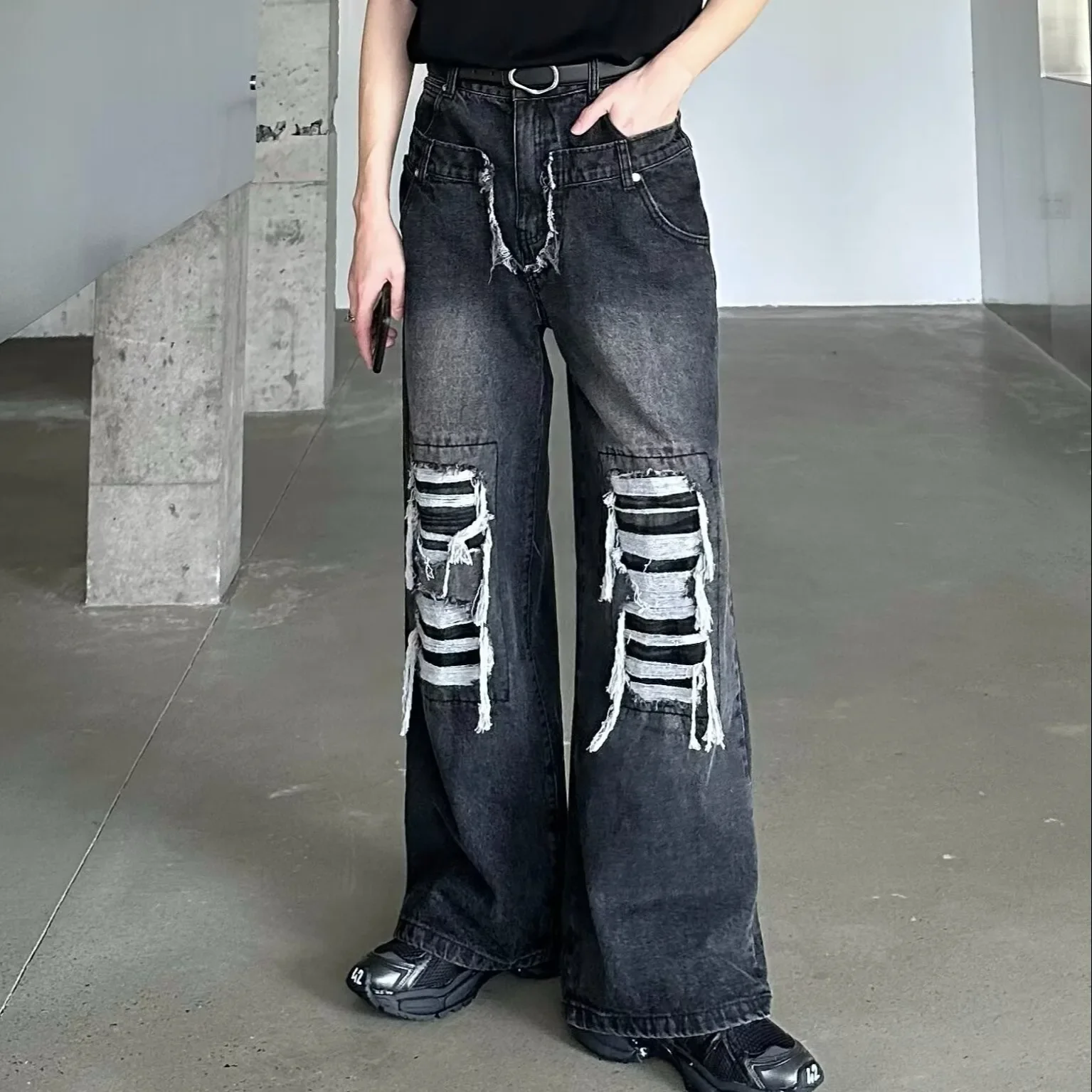 

Retro Washed Destructive Jeans Double Waist Design Wide Leg Pants Lazy High Waist Mopping Trousers Tide