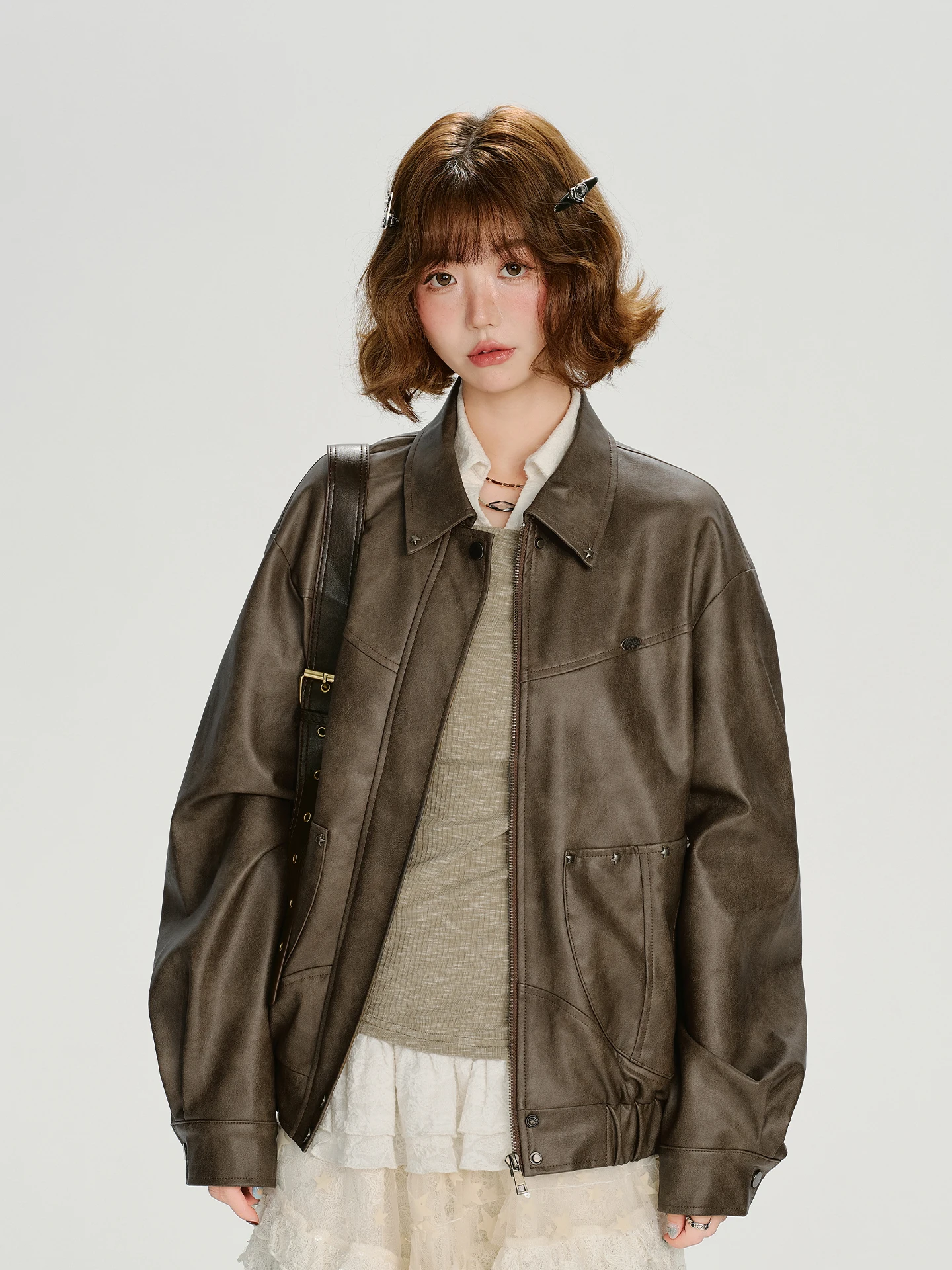 Manteau long en cuir pour femme, style rétro américain, décontracté, fermeture éclair, printemps automne