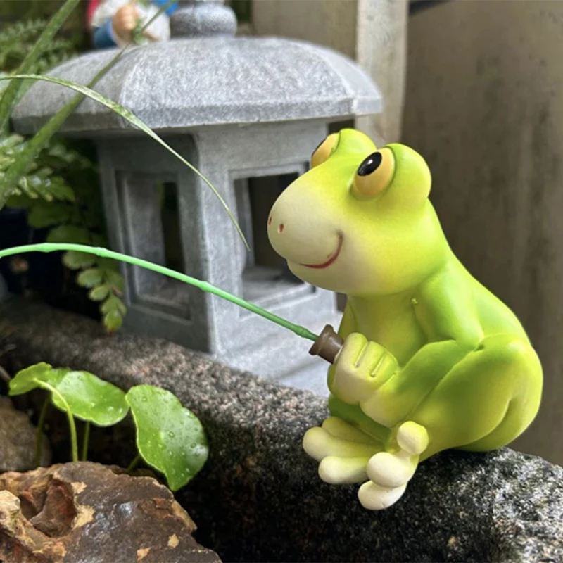 Estatuilla de pesca de rana divertida y creativa, escultura de Animal para estatuas de jardín, paisaje de resina para exteriores, decoración de pecera de acuario