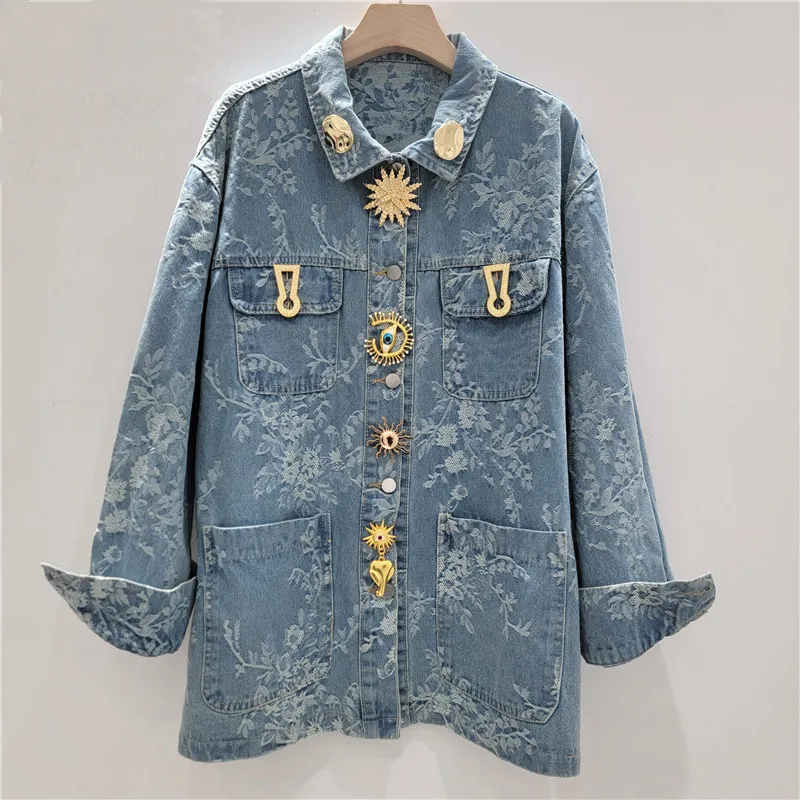 

SuperAen European and American Style Designed Metal Button Decoration Jacquard Denim Coat 2026 Spring New Loose Oversize Coats