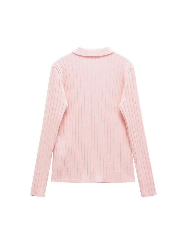 여성 패션 앞단추 리브드 니트 가디건 스웨터 폴로 칼라 긴팔 여성 아우터웨어 시크 탑스