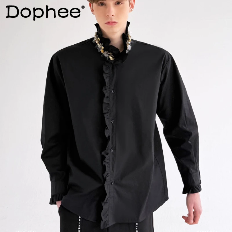 

Men's 2025 Spring Autumn New Personality Temperament Stylish Shirts Stand Collar Long Sleeve Shirts Men's Sequined Handsome Tops