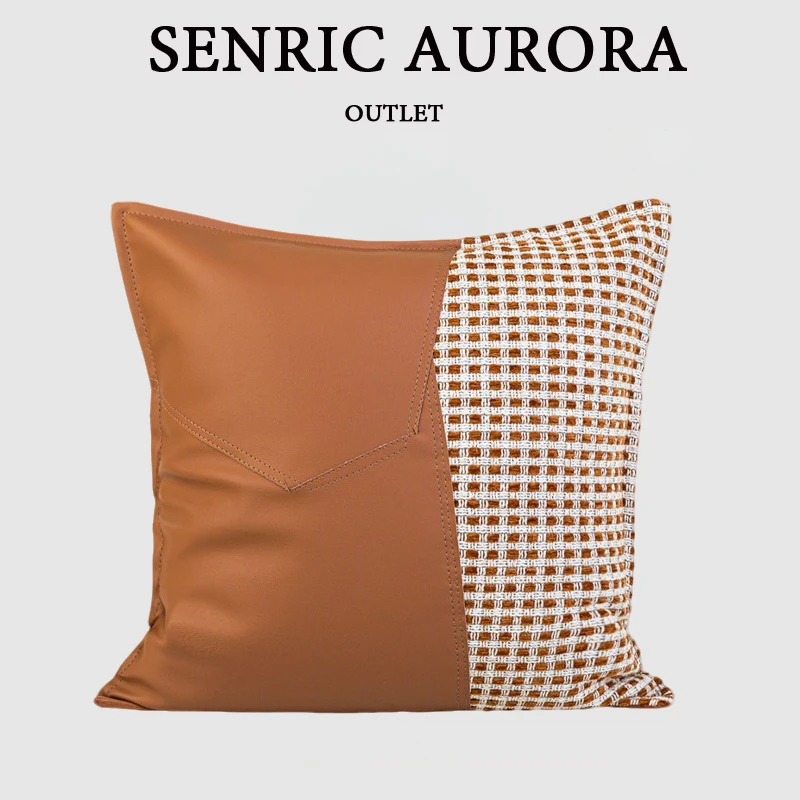 Design Luxury Cushion Cover 30x50 45x45cm Orange Leather Splicing Square Pillowcase For Home Hotel Bed Living Room Sofa