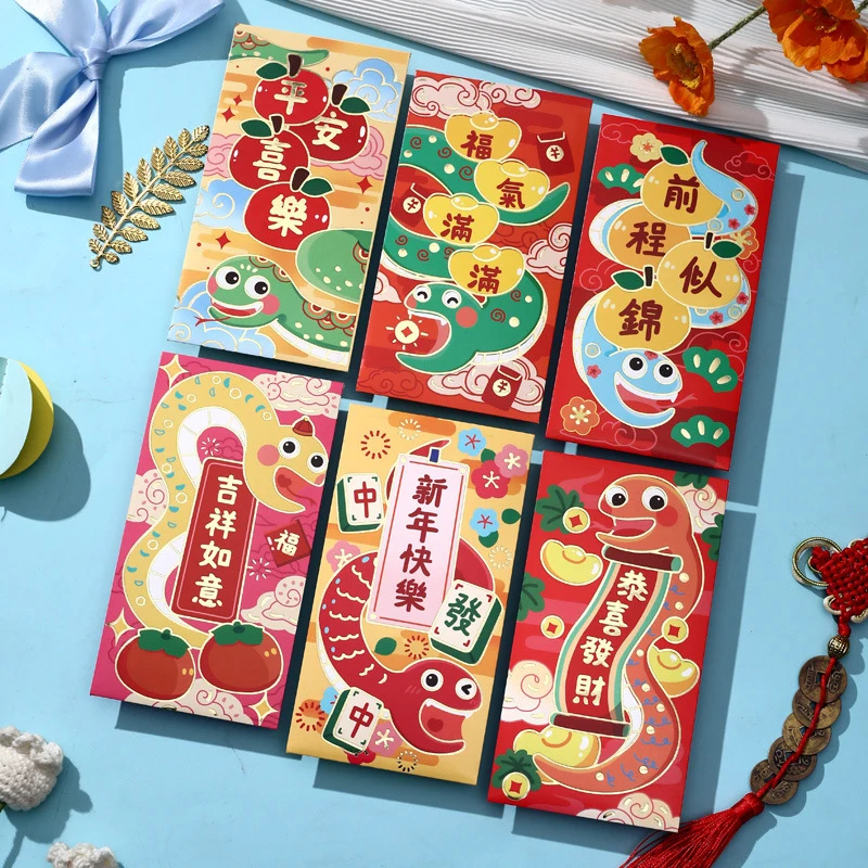 6 pçs ano novo chinês 2025 envelopes vermelhos ano de cobra bolso vermelho dinheiro presente envelope saco de presente de casamento boa sorte hongbao