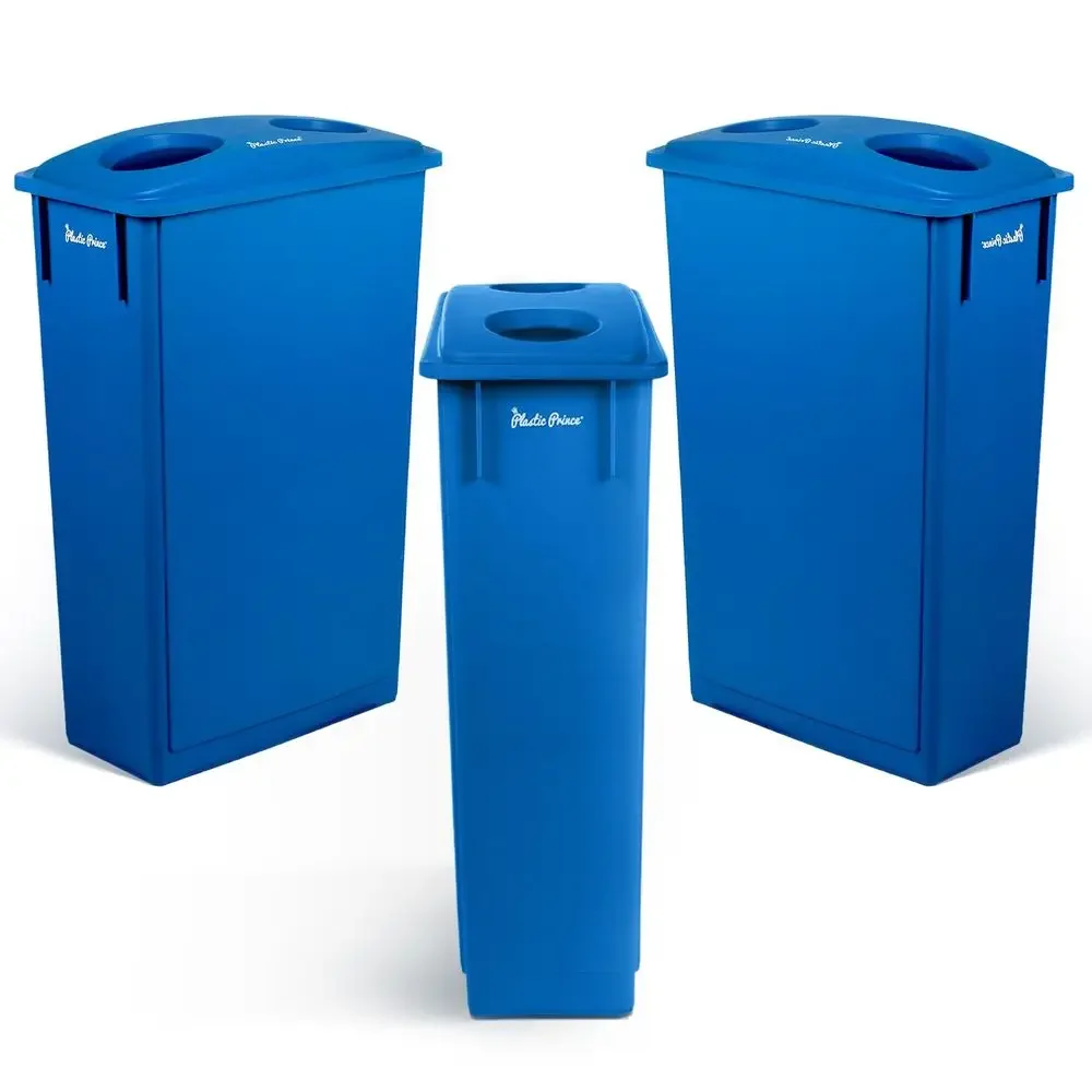 

3-Pack Blue 23 Gallon Slim Trash Cans with Dual Recycling Lid for Home and Office Use
