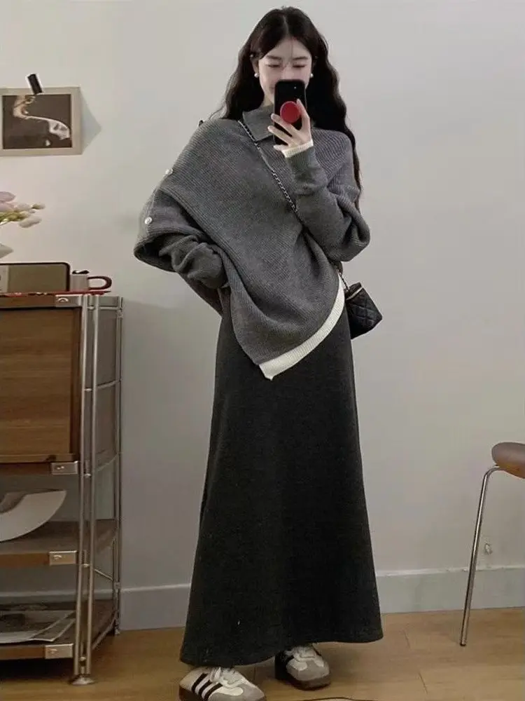 

Осень-зима, асимметричный ленивый плащ с высоким воротником, свитер, вязаный топ с летучей мышью, повседневный модный комплект, полиэстер, внутренняя часть