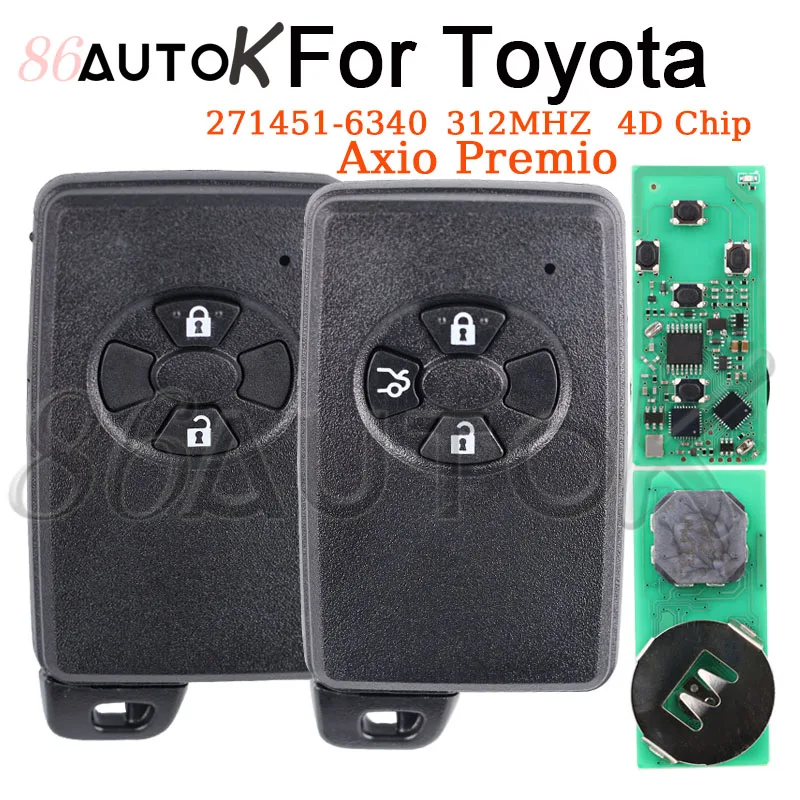 Kunci jarak jauh otomatis 271451-6340 untuk Toyota Axio Premium casing kunci tanpa kunci Chip 4D 312MHZ pengganti kunci cerdas tanpa kunci tombol Go 2/3