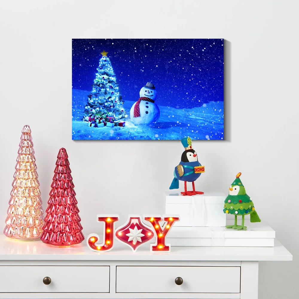 Pintura artística en lienzo enmarcada: árbol de Navidad con muñeco de nieve para Navidad, regalo y decoración para víspera, oficina, sala de estar, dormitorio