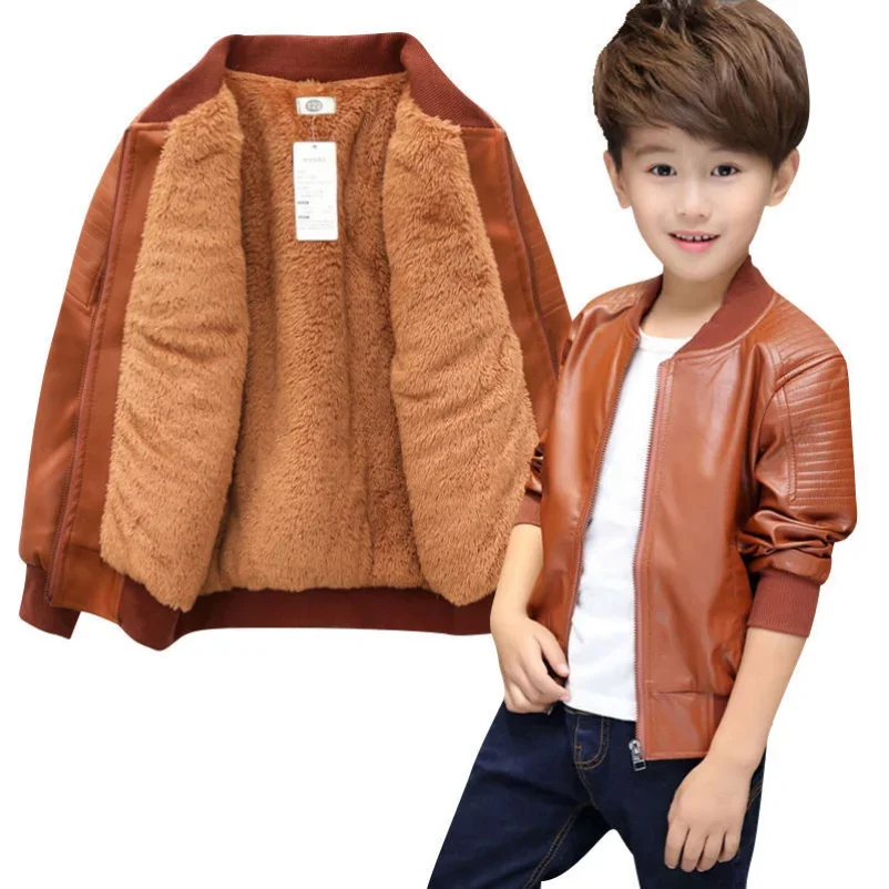 Arrived Boys Coats Autumn Winter Fashion Korean Children\'s Plus Velvet Warming Cotton PU Leather Jacket For 1-11Y Kids Hot