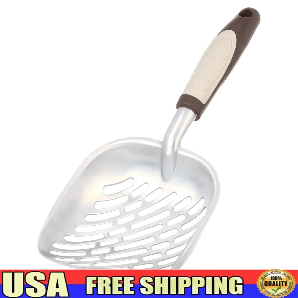 Cuchara de arena para gatos de aluminio duradera con mango ergonómico de TPR, diseño ranurado, eliminación eficiente de residuos y fácil limpieza