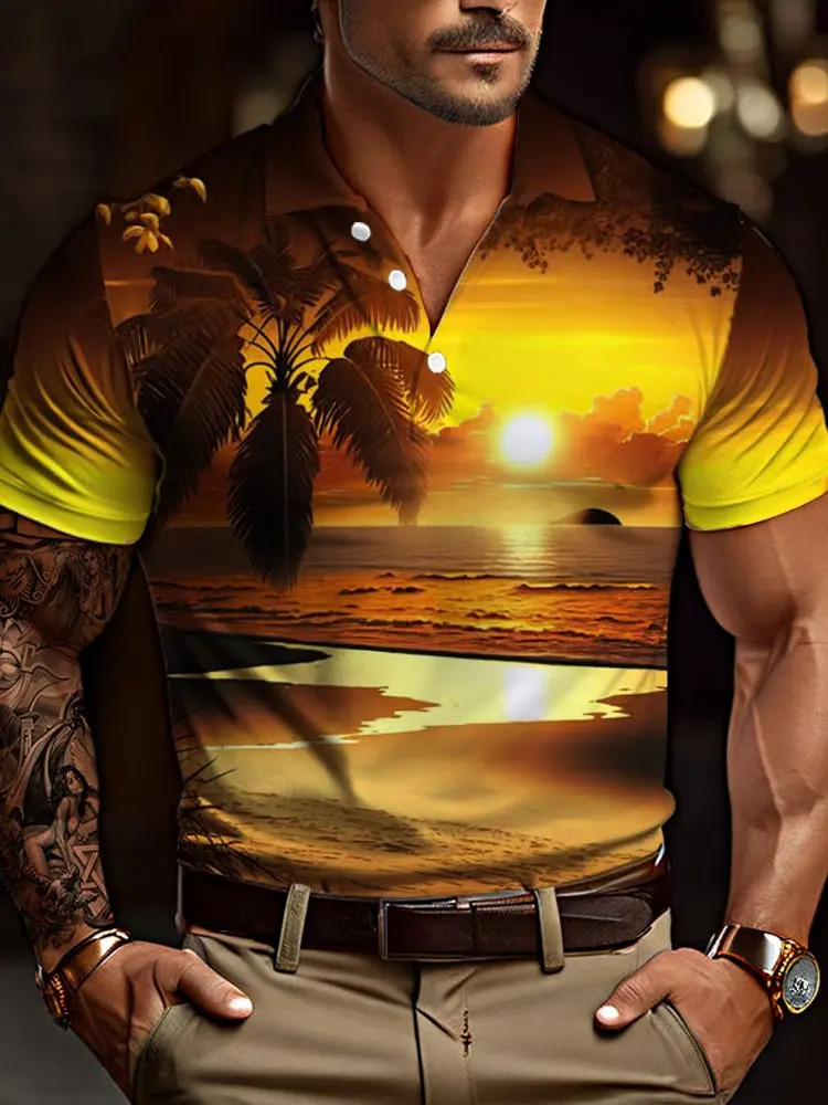 PLstar Cosmos Cool Tropical Sunset With Palm Trees On The Beach 3D Printing Men's Polo Shirt Summer Casual Shirt POL210