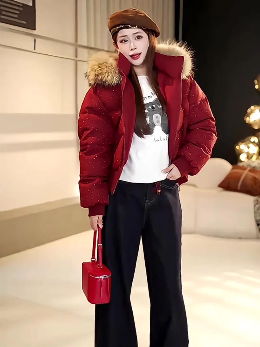 Jaet acolchado informal con diamantes rojos para mujer, ropa de abrigo cálida y resistente al frío con capucha y cuello de piel auténtica para invierno