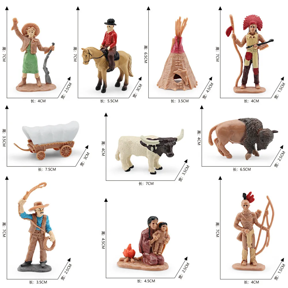 10Pcs Mini Wild West Figure Set Cowboy Indian Bull  Buffalo Model Toy For Children