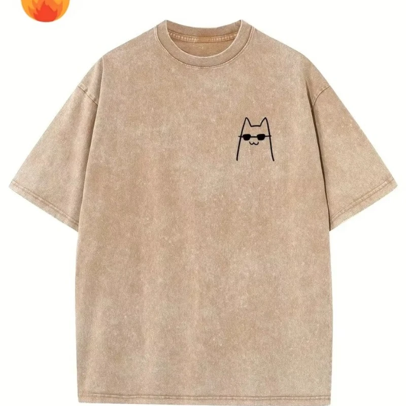 Vintage Washed T Shirt Funny Cat Sunglasses Graphic Tee Heavy Cotton Acid Wash Streetwear UPS/FEDEX Air, 3-5Day Delivery