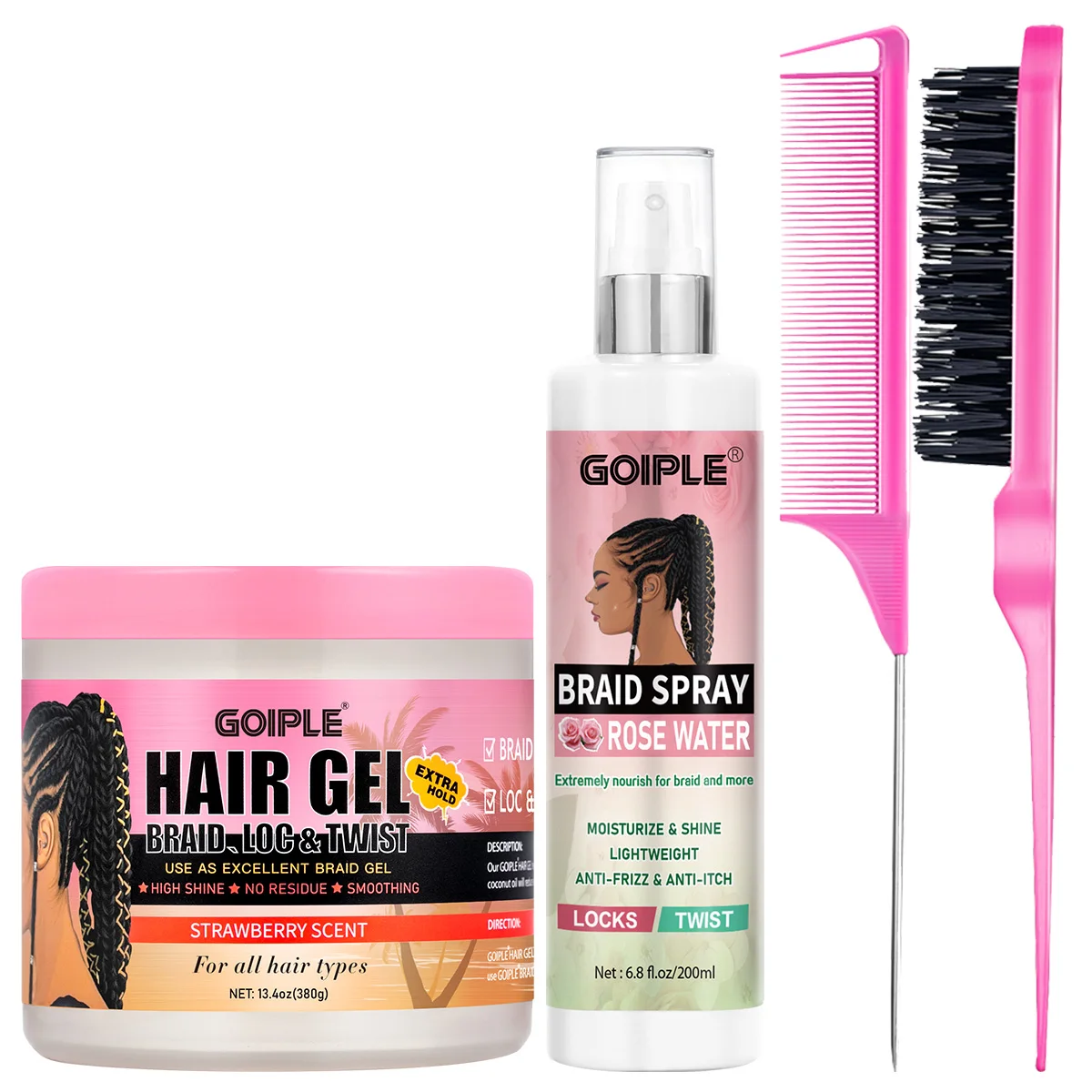 Strawberry Scent Strong Hold Braiding Gel,Rose Water Smoothing Hair Spray High Shine and Frizz Control for Cornrows, Twists,Locs