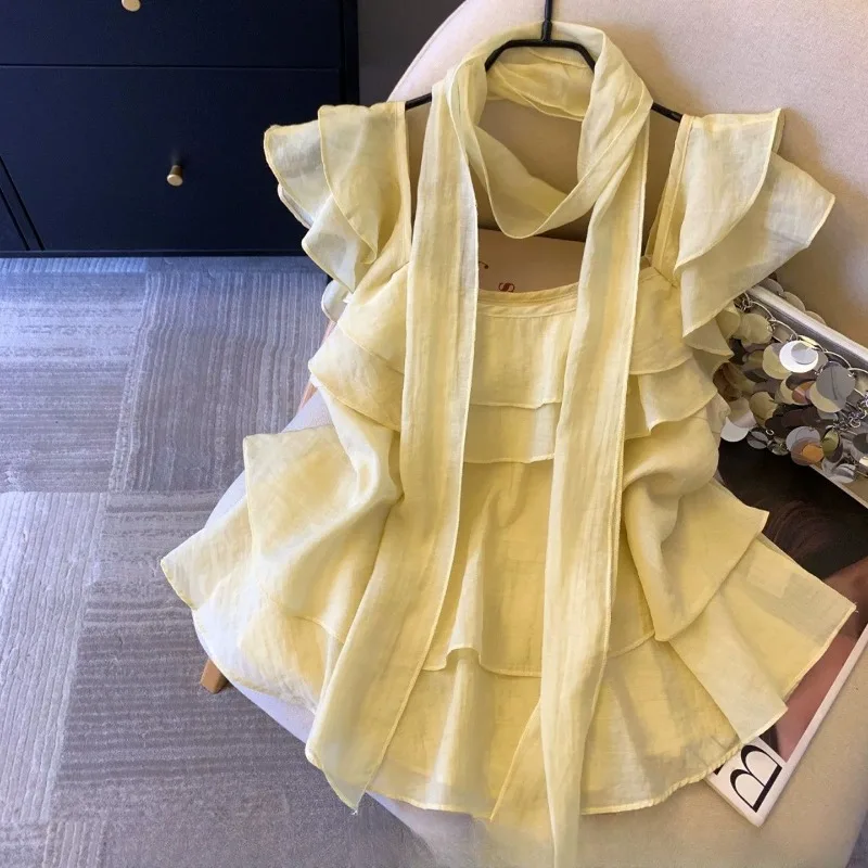 2026 Summer Women Sweet Halter Chiffon Top Multi Layer Ruffle Flutter Sleeve Shirt Elegant Fashion Slim Top
