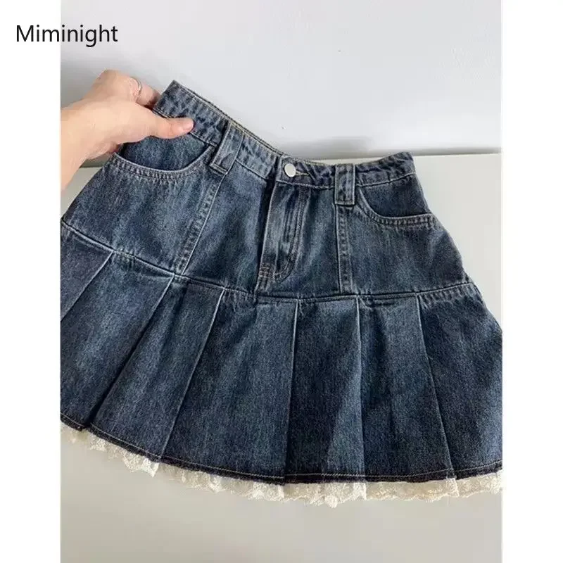 Blue Denim Skirt Women Sweet Lace Patchwork Y2k Pleated Mini Skirts Girl Korean Fashion Slim High Waist A-line Casual Streetwear