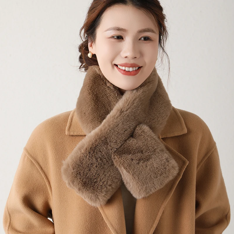 

Женский маленький перфорированный шарф из кроличьего меха, мягкая нечеткая теплая накидка на шею, модный аксессуар для холодной погоды, шарфы из волос животных