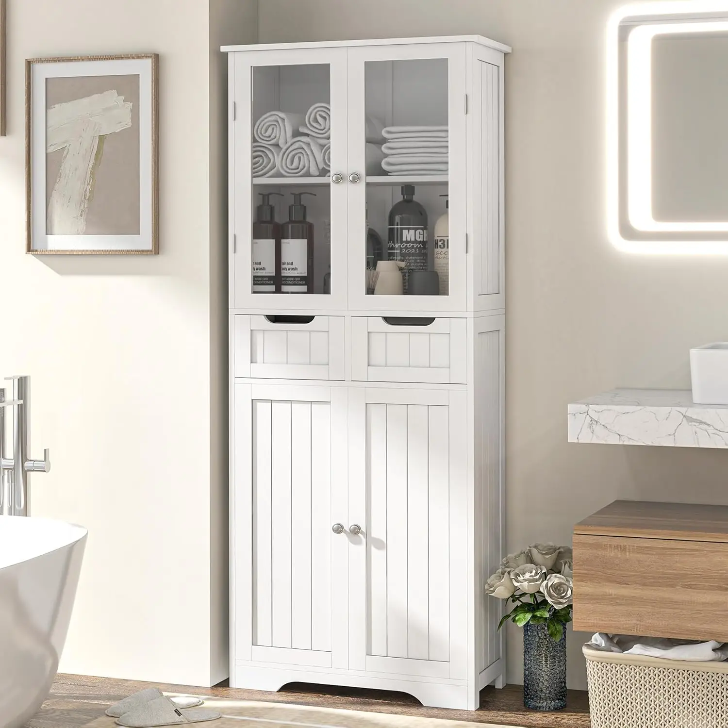 

67 Tall White Bathroom Cabinet Storage Cabinet, Freestanding Storage Cabinet with Glass Door and Adjustable Shelves, Bathroom Ca