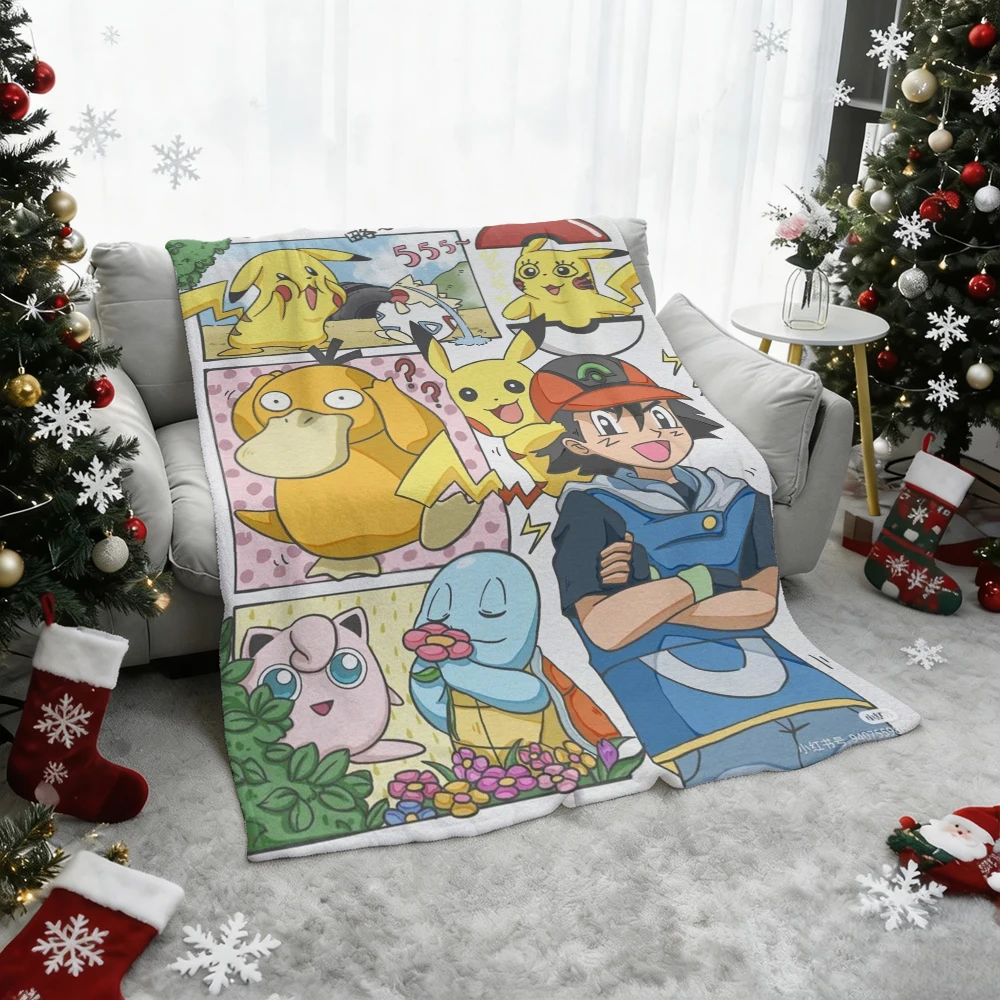 Pokemon Ash Pikachu Psyduck Squirtle Jigglypuff Flannel Throw Blanket Soft Warm Cartoon Blanket for Sofa Bed Home Decor Kids Gif