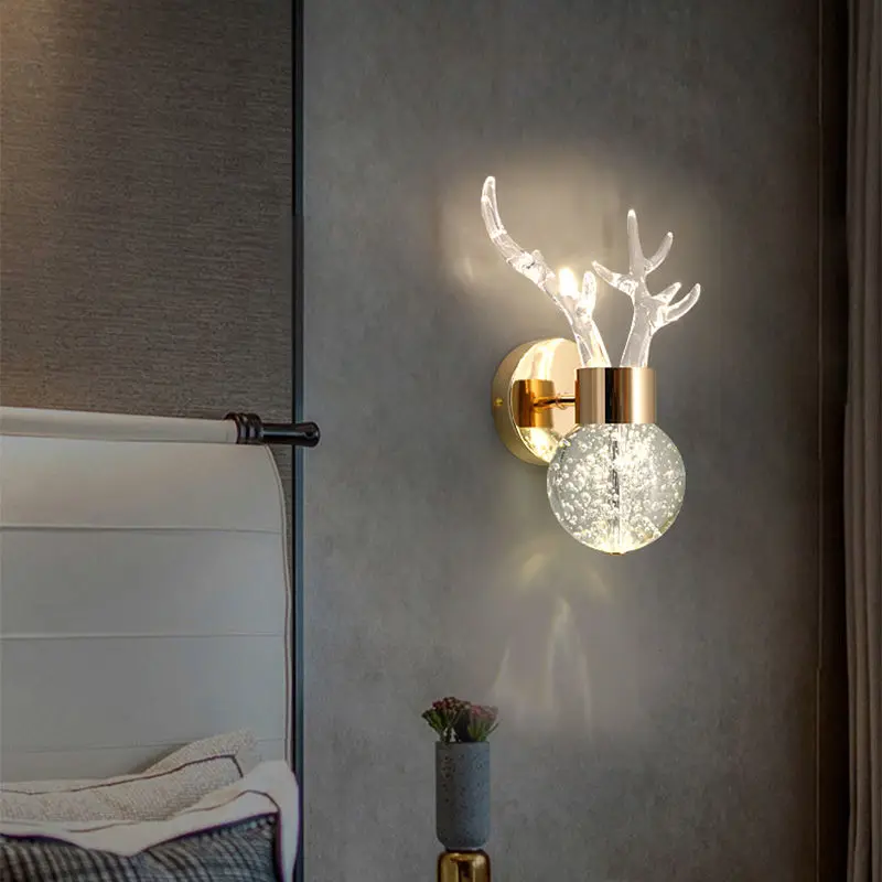 

Bedside wall lamp 2023 new Nordic creative antlers crystal lamp light luxury Internet celebrity ins living room background wall