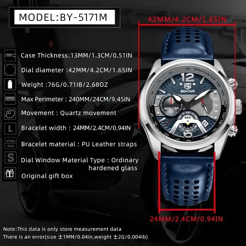 BENYAR 5171 Fashion Men's Quartz Watch Leather Strap Luminous Calendar Chronograph Sport Military Waterproof Wristwatch