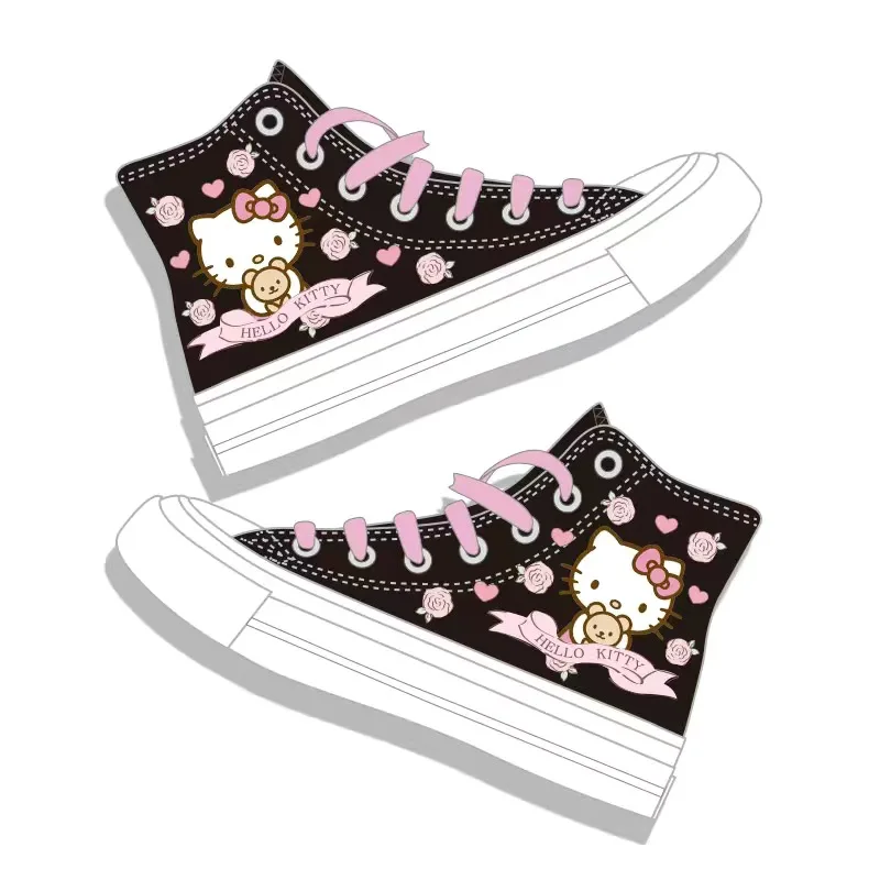 Japońskie Kawaii sznurowane damskie buty Hello Kitty słodkie wysokie buty płócienne dziewczęce buty ocieplane trampki