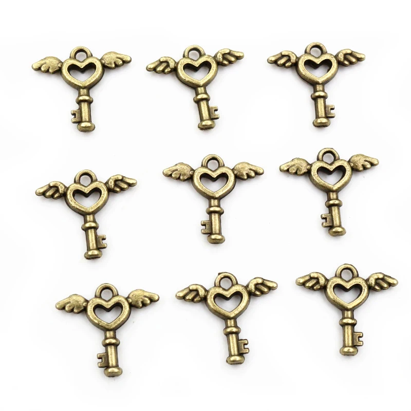 50pcs Charms Wing Fly Key 15x14mm Antique Bronze Silver Color Pendants Making DIY Handmade Jewelry Factory Wholesale