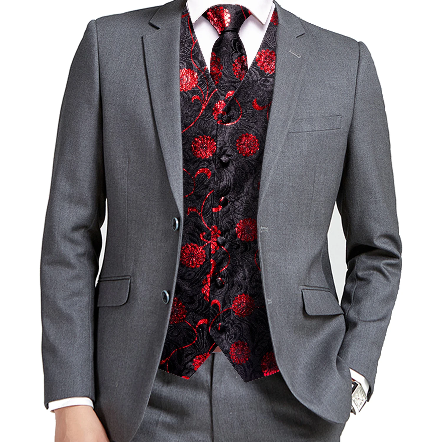Hi-Tie Silk Men's Vest Tie Hanky Cufflinks Set Waistcoat Sleeveless Jacket Necktie for Male Floral Paisley Black Red Blue Green