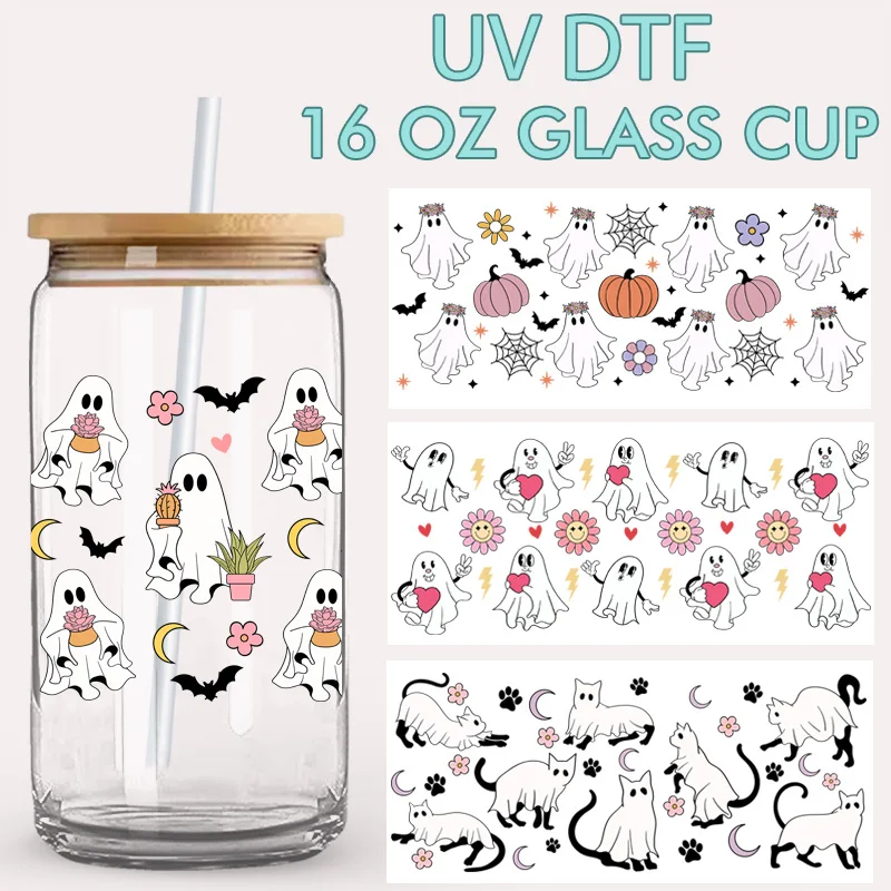 UV DTF Cup Wraps for 16oz Glass Cups, Waterproof Halloween Ghost Cat Stickers, DIY Spooky Decals for Tumbler Mason Jar