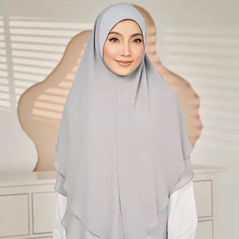 Double Layer Chiffon Instant Hijab Amira Women Solid Color Premium Quanlity Chiffon khimar Full Cover Head Ready to Wear Scarf