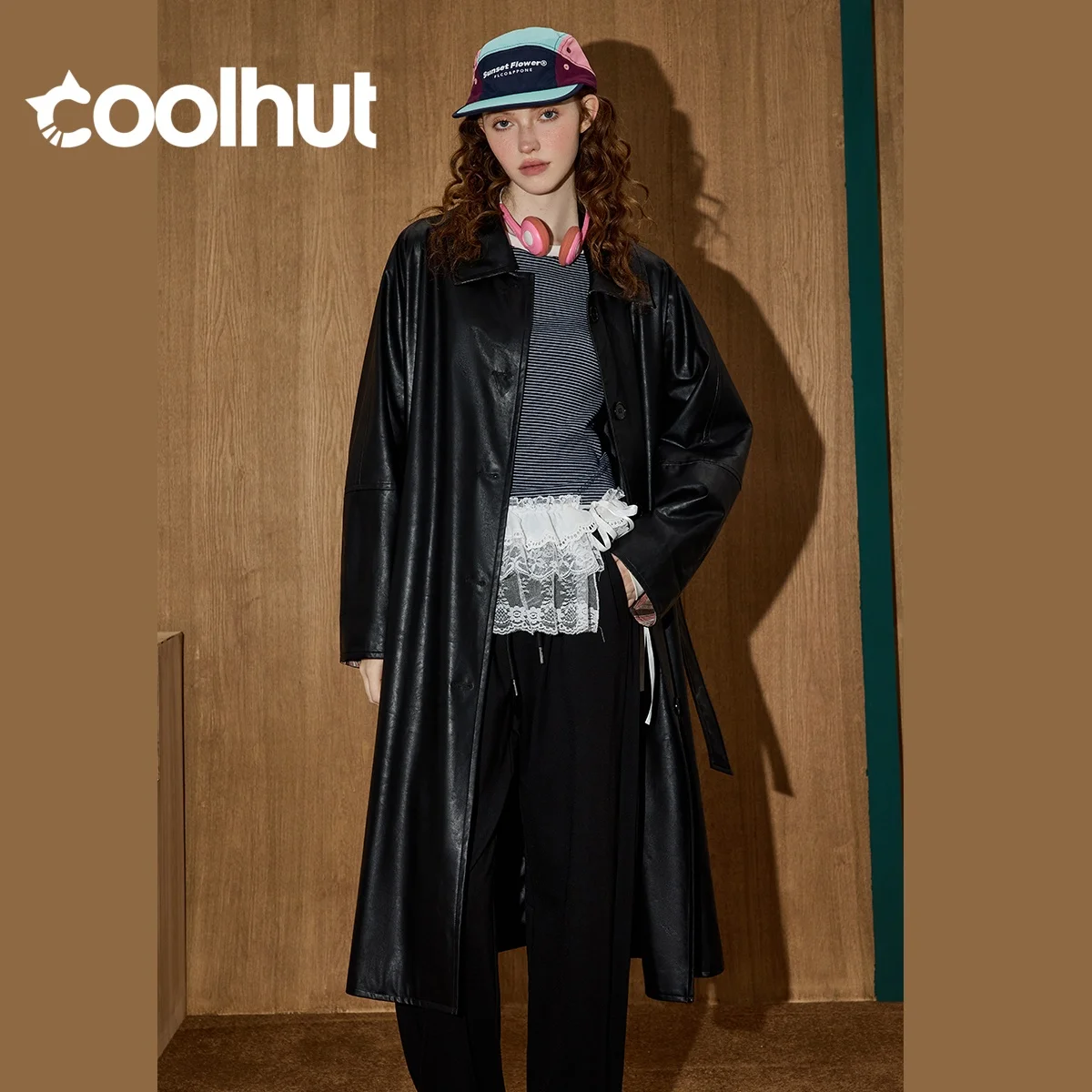 

COOLHUT пальто из искусственной кожи, осенний структурированный плащ премиум-класса с зубчатыми лацканами, минималистичная шикарная водонепроницаемая верхняя одежда