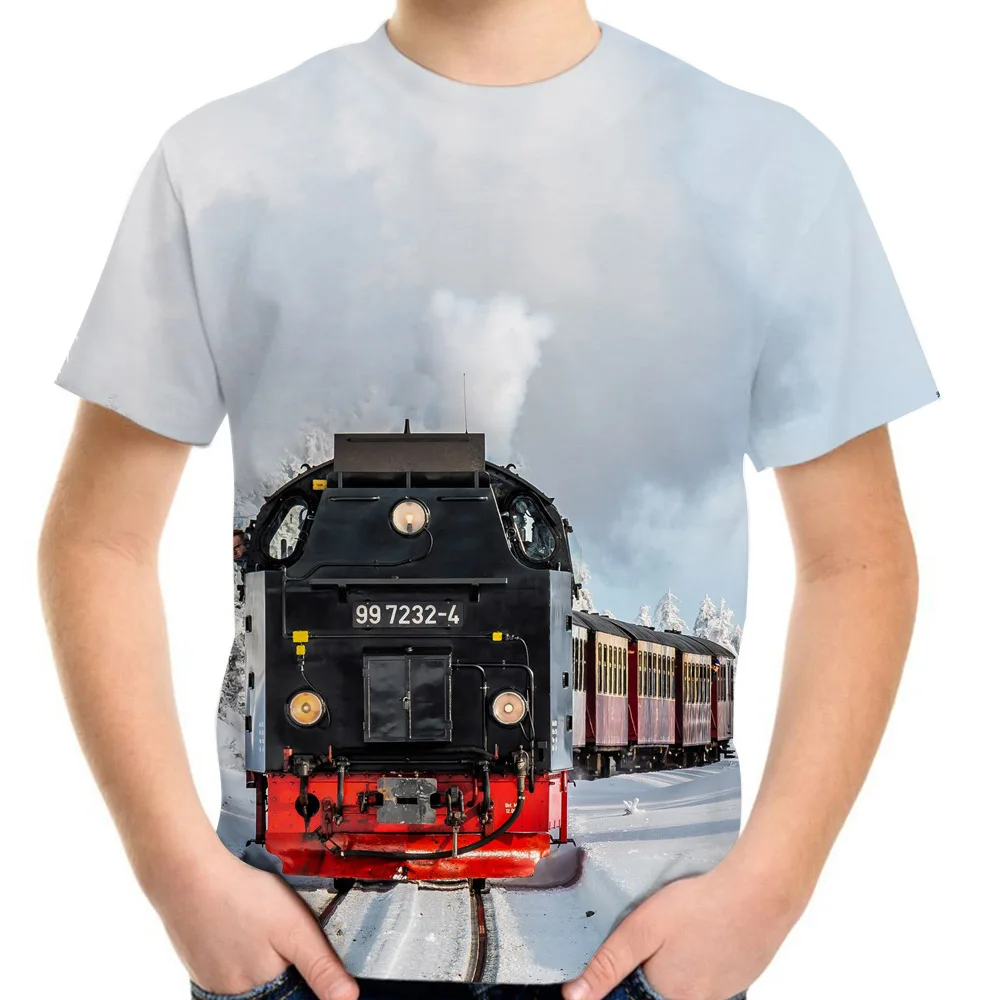 

Landscape Transporter Steam Train Railroad Retro 3D T-Shirts For Boys Girls Summer Children Kids Harajuku Clothes T Shirts 4-20Y