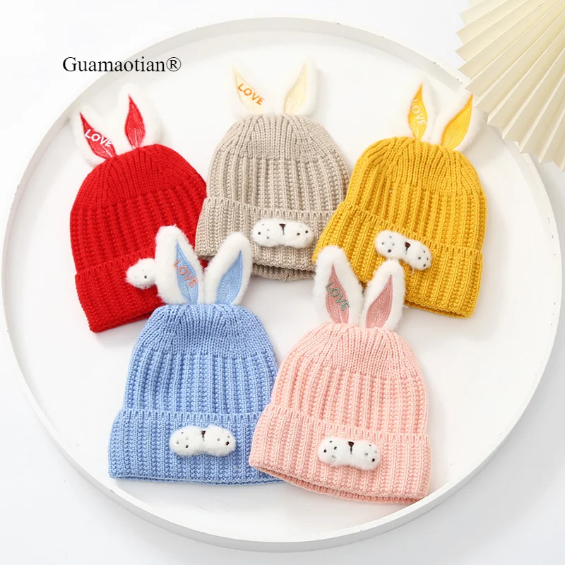 Chapeaux d'hiver pour nouveau-né, pour garçons et filles, bonnet en tricot de lapin mignon, Double couche, chaud, accessoires pour nourrissons de 0 à 6 mois, nouvelle collection