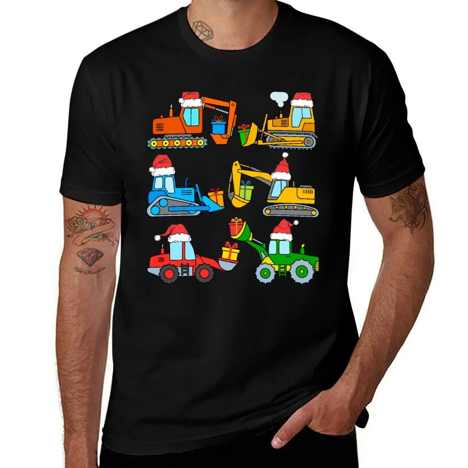 Construction Vehicles Christmas Excavator Bulldozer Santa Hat T-Shirt Trendy Casual Short Sleeve Shirt