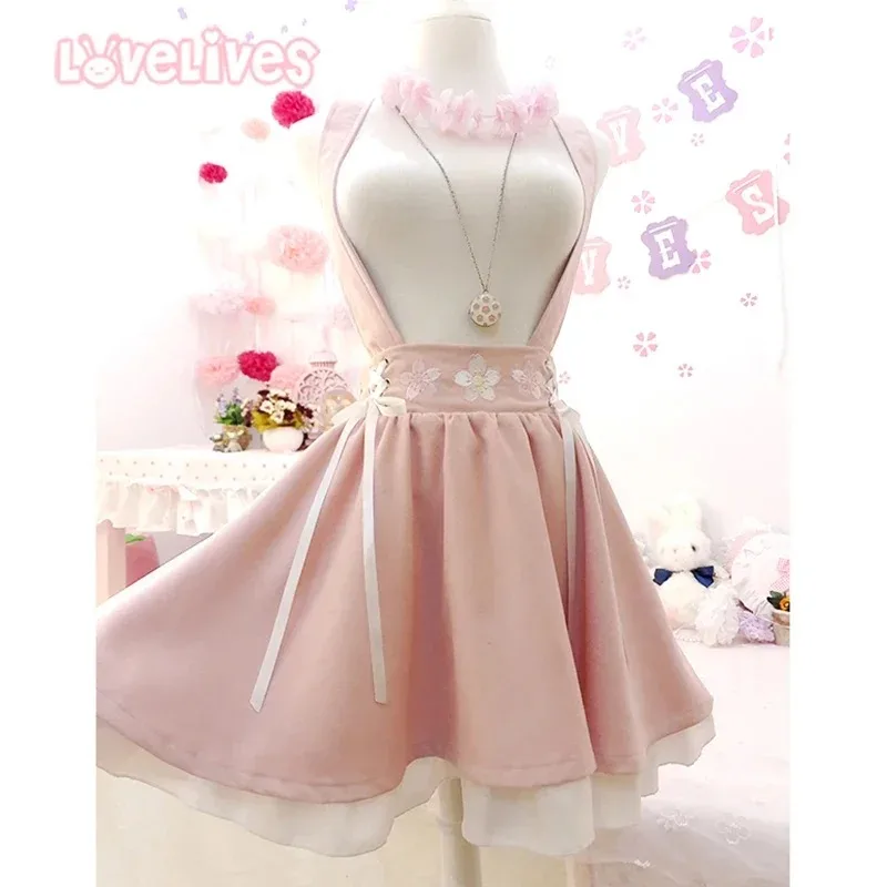 Harajuku Japanese Sweet Lolita Sakura Embroidery Suspender Skirts Cute Ribbon Ruffle Women Pleated Braces Skirt Cute Tea Party