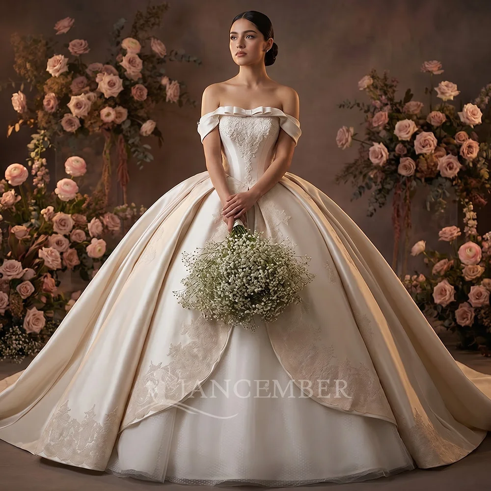 

Luxurious Wedding Dress Satin Princess Ball Gown Short Sleeve Boat Neck Novelty Customized Bride Dress vestidos de novia boda