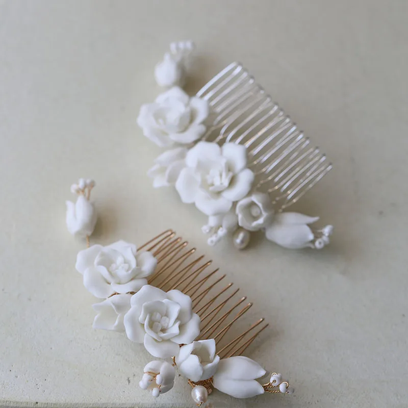 Ceramic Flower Bridal Hair Piece Comb Crystal Pearls Wedding Pins Accessories Handmade Women Earrings