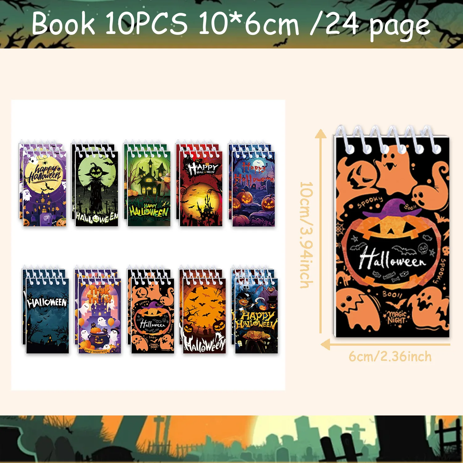 10 pçs halloween mini blocos de notas férias mini espiral notebooks abóbora fantasma casa assombrada padrão para crianças festa de halloween