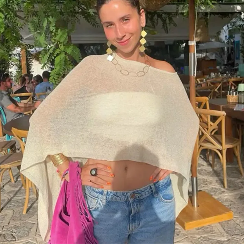 レディース シアー ポンチョ トップ 軽量 ニット ショール オフショルダー メッシュ ブラウス カバーアップ トップス Y2k エステティック ビーチウェア