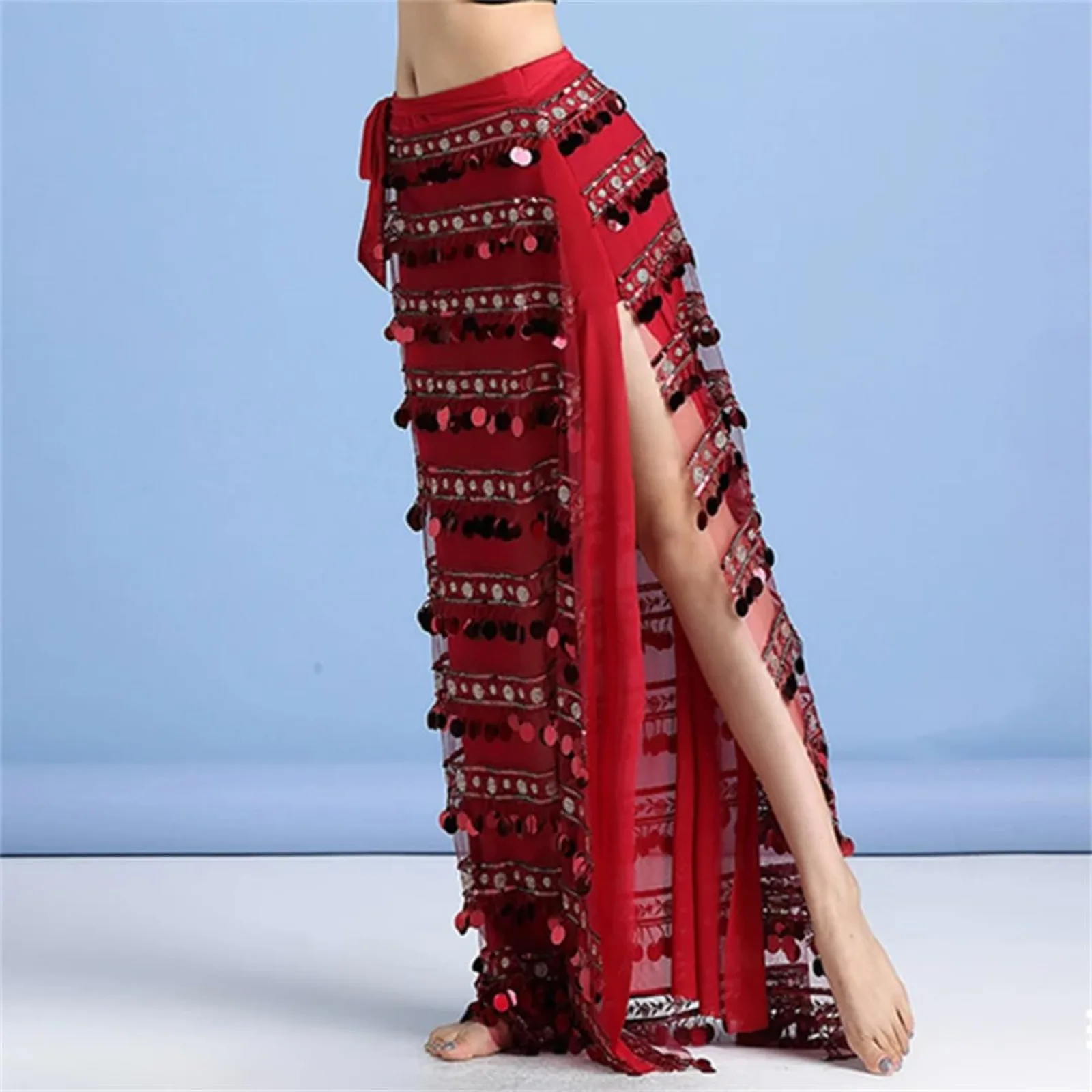 Women Belly Dance Costume Tribal Dance Sequins Slit Long Skirt Bellydance for Halloween Carnival Performance Practice Outfit