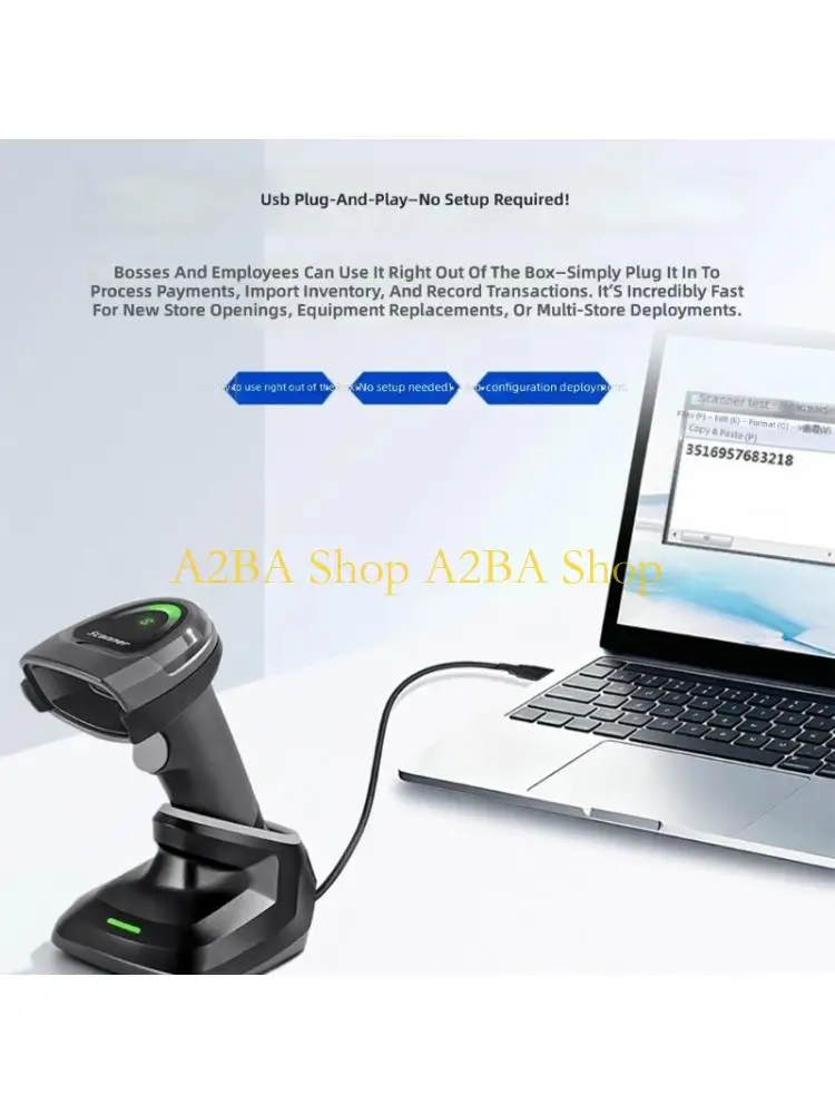 A2BA USB Handheld Barcode Scanner Label Reader Maker for POS Input, Driverless Computer Link, Retail Symbol Reading Device for