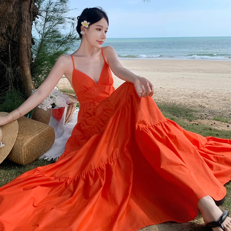 Sanya Travel Photography Backless V-neck Seaside Holiday Sle Beach Skirt Immortal Dress Women Summer Sexy Long dress