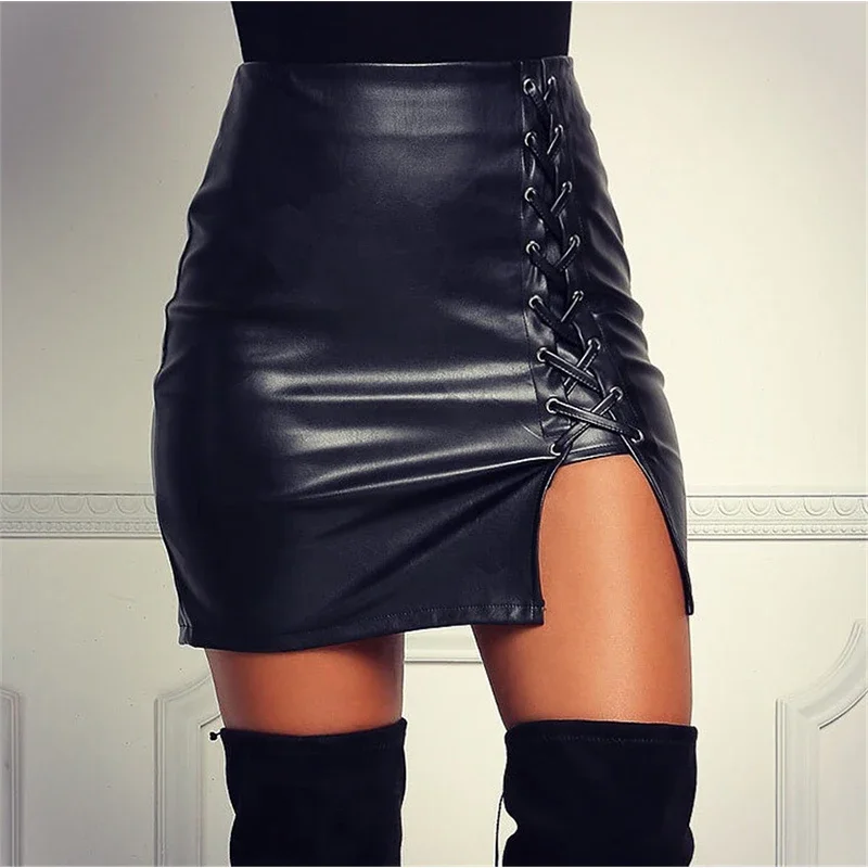 

Black Lace Up PU Leather Skirts Autumn Spring Women Side Split Pencil Skirts Vintage High Waist Mini Skirt