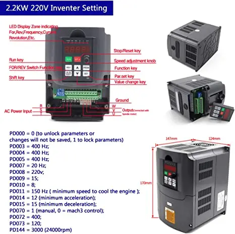 2.2kw ER20 CNC Air Cooled Cooling Spindle Motor Router Milling Kit + HY HuanYang Inverter VFD
