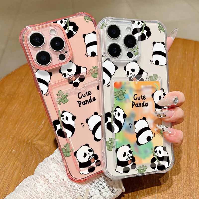 Case For iPhone 16 Pro Max Luxury Card Slot Bamboo Panda Patterned Clear Soft Silicone Cover Coque For iPhone 11 12 13 14 15 Pro