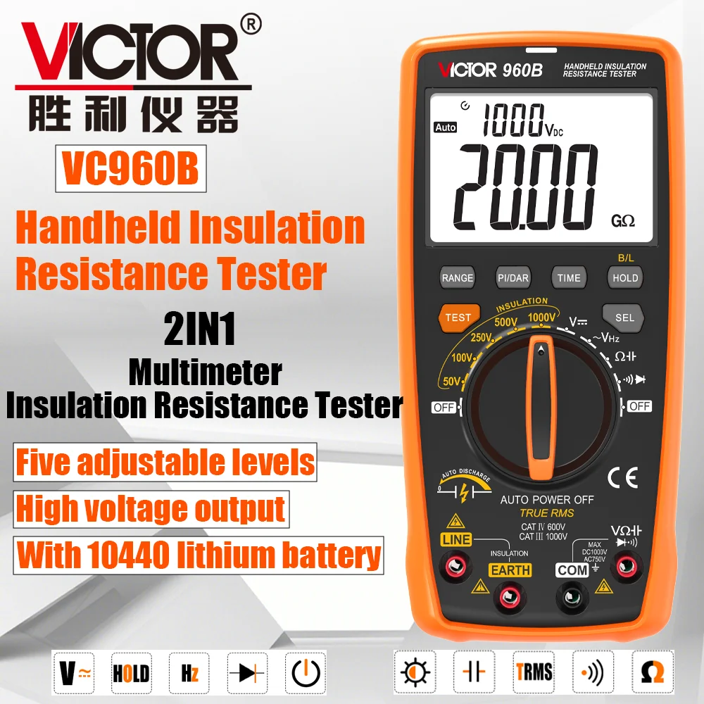 Victor 960B 2 IN 1 Handheld Insulation Resistance Tester/Multimeter 50V-1000V 4M-20GΩ Adjustable 10440 Lithium Battery TRMS
