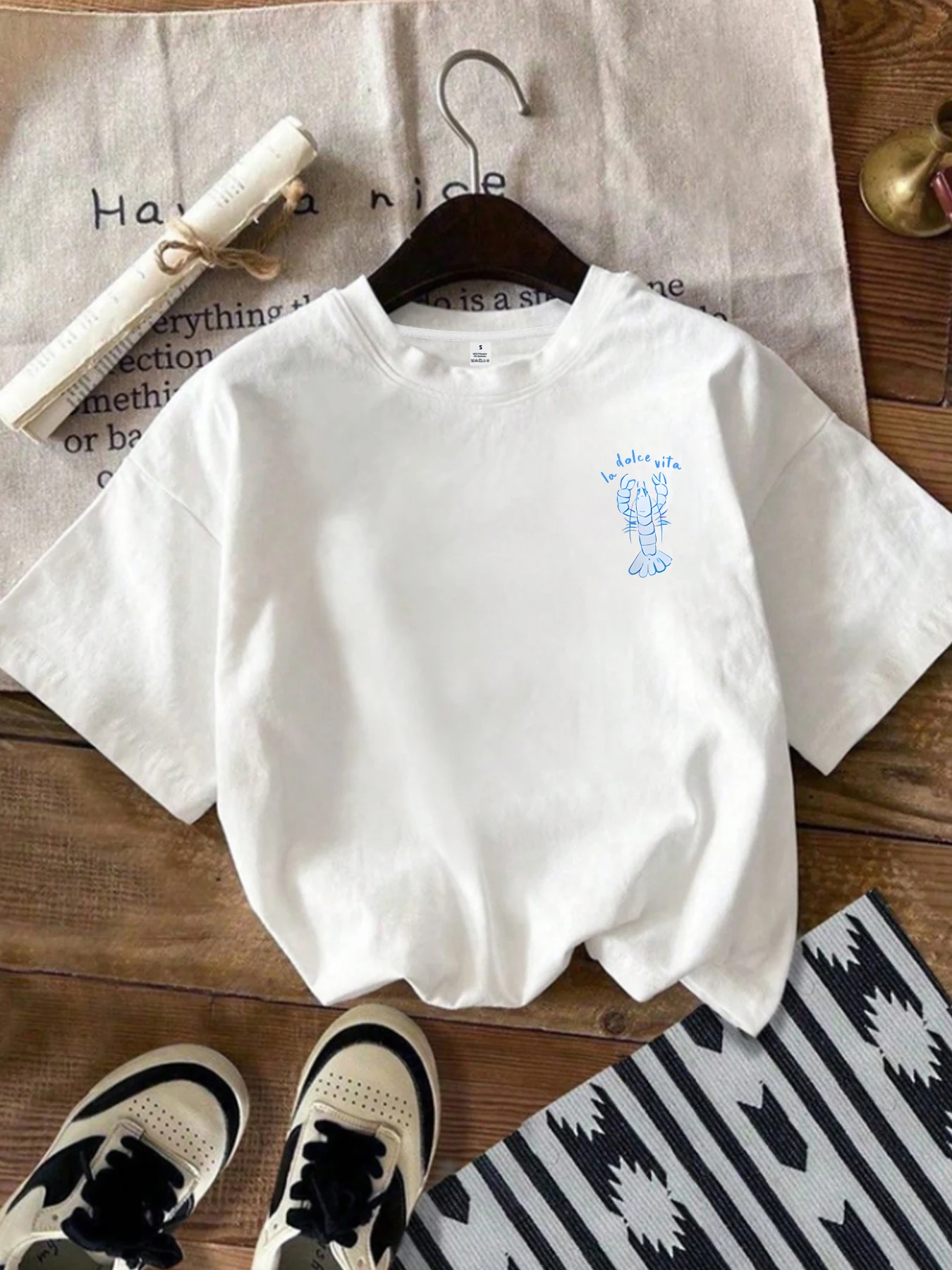 Lobster round neck womens T-shirt short sleeve fashion print half sleeve shirt stretch T-shirt