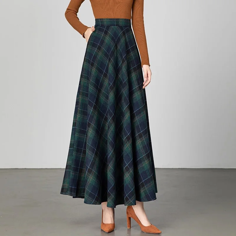 New Women Plaid Woolen Skirt Autumn Fashion High Waist A-line Simplicity Long Skirt Casual Daily Wool Blended Skirt Female